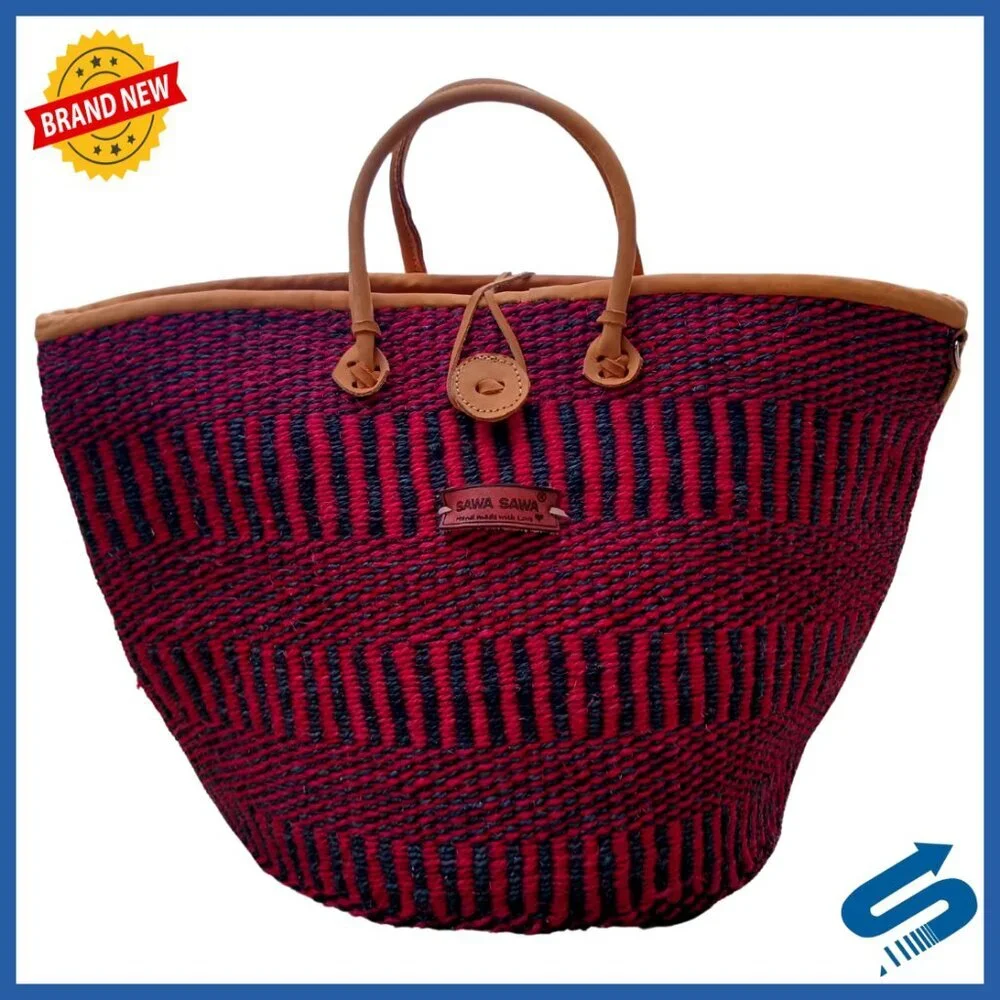 Handwoven Sisal Tote Bag Leather Handles Button Closure Boho Summer Beach Purse
